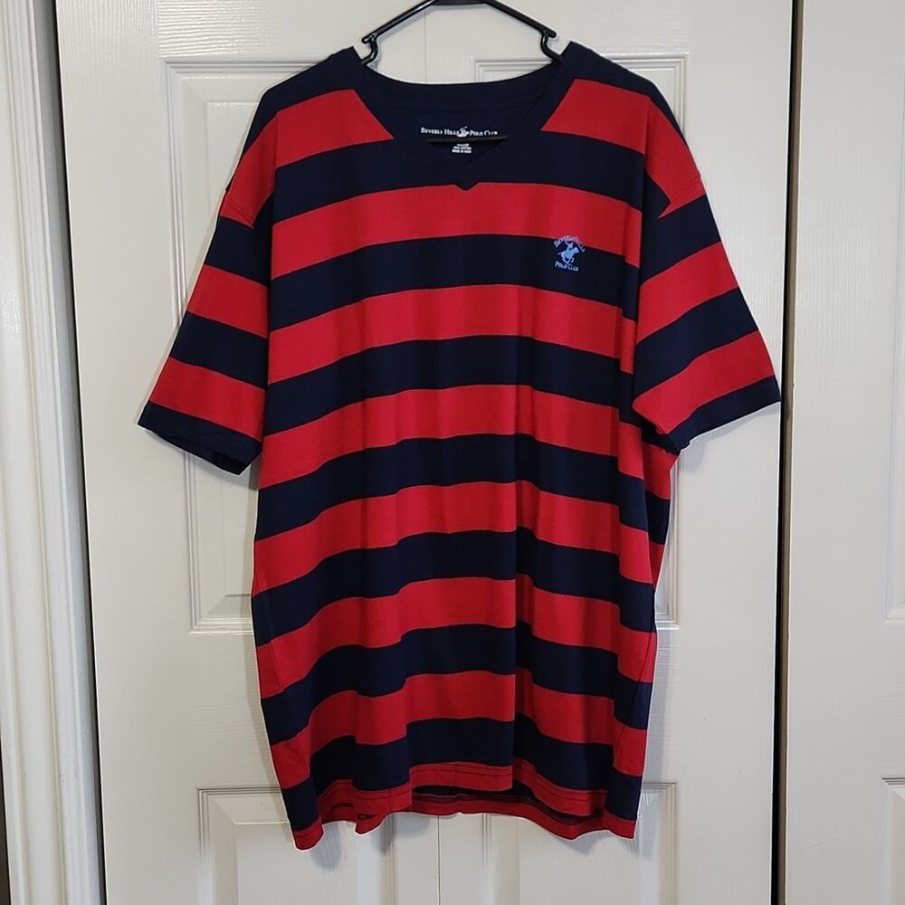 Beverly Hills Polo Club Men's Red & Blue‎ Striped Short Sleeve Tee Size XXL